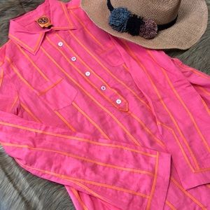 Tory Burch Cotton Striped Hippie Tunic Bright Pink